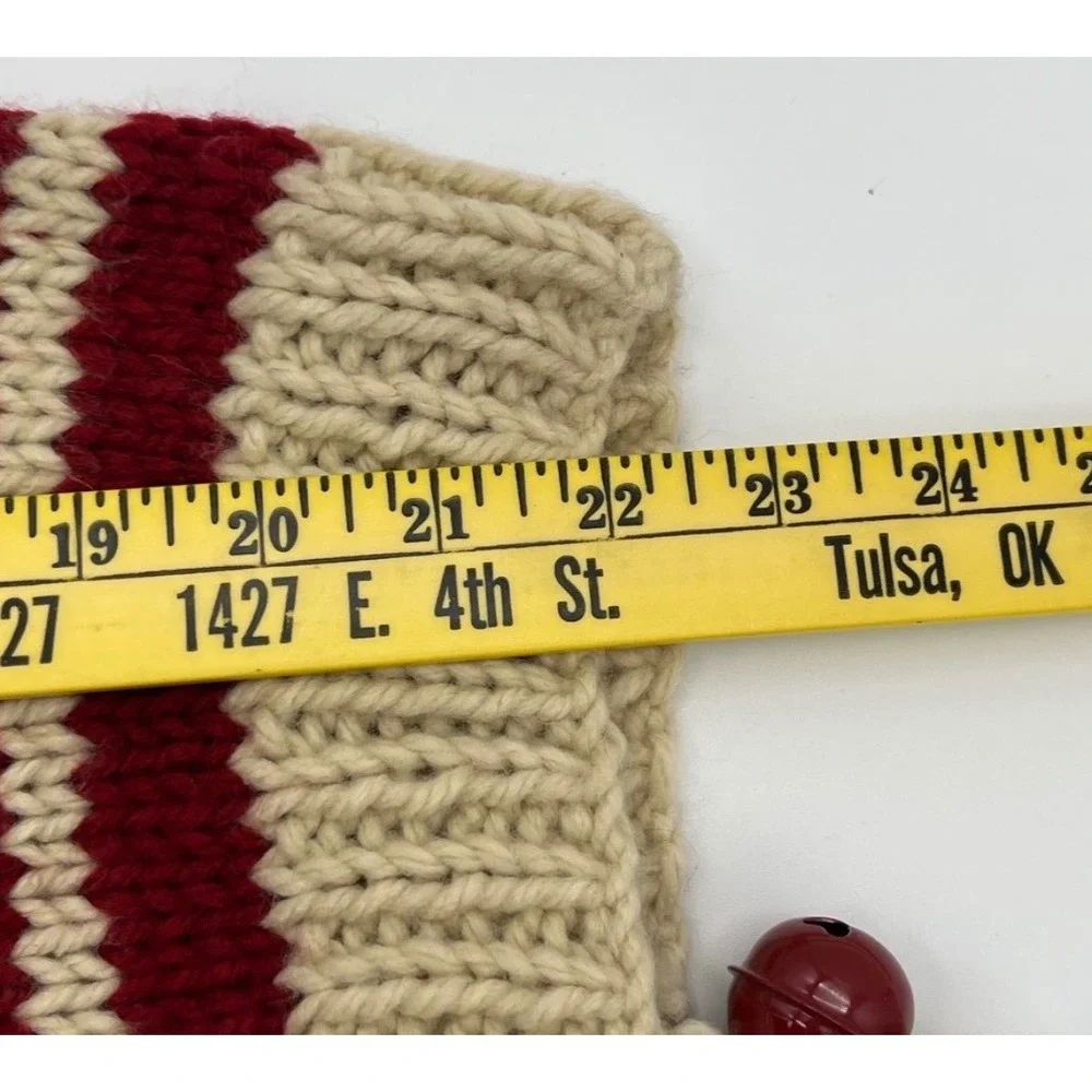 POTTERY BARN Christmas Stocking Red Ivory Chunky Knit‎ Snowflake Bells Holiday